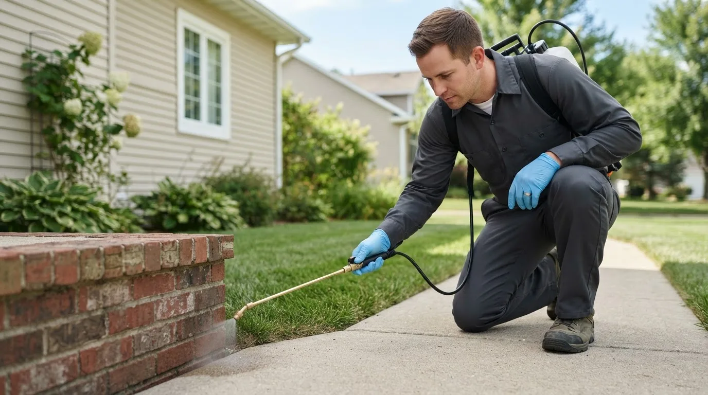 Pest control technician treating a home near Thatcher, ID